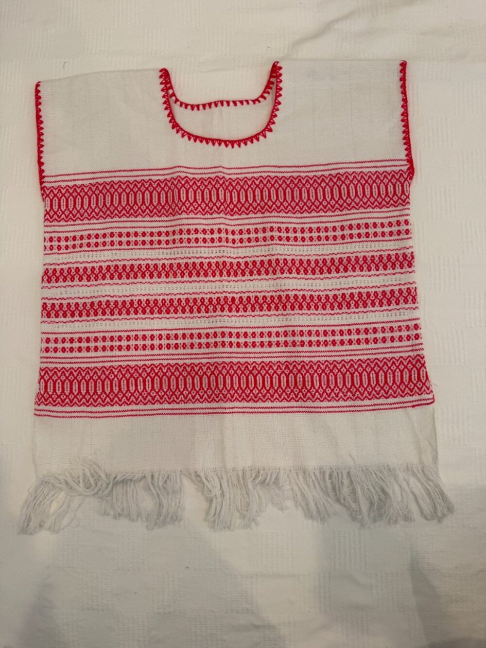 Handwoven Mexican Huipil – White w/ Pink Geometric Stripe Brocade – Fringe Hem
